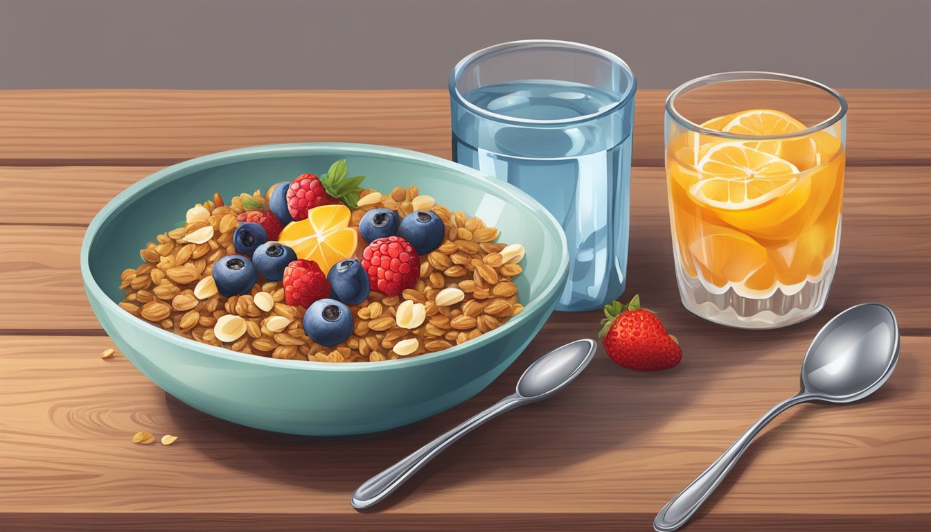 A bowl of amaranth granola topped with fresh fruit and nuts, next to a glass of water and a spoon, on a wooden table