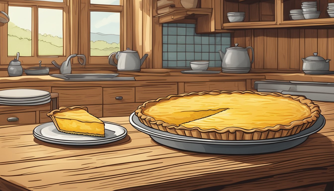 A rustic kitchen with a golden buttermilk chess pie cooling on a wooden table, ready to be served