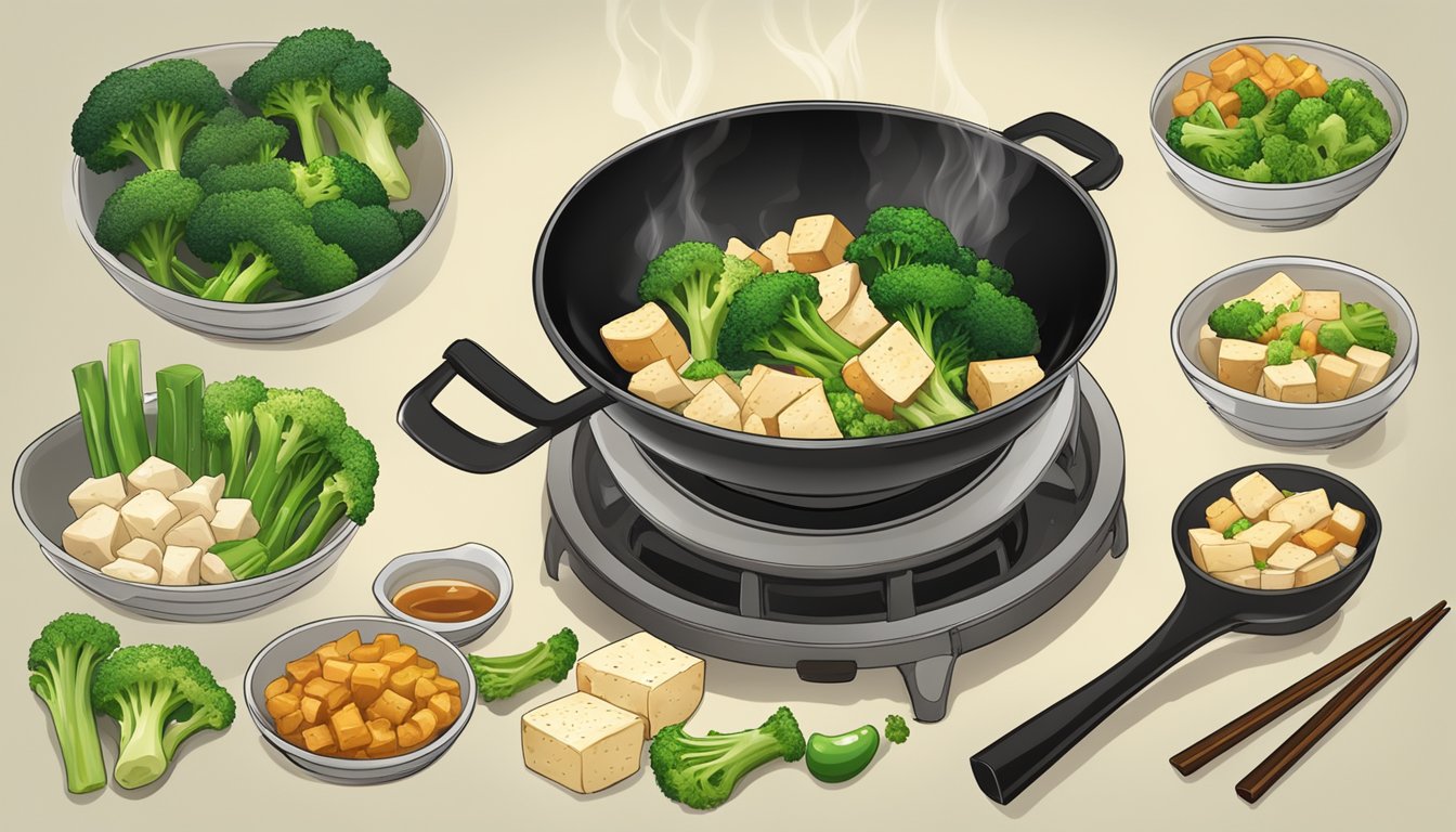 A sizzling wok with tofu and broccoli, steam rising, surrounded by fresh ingredients like ginger, garlic, and soy sauce