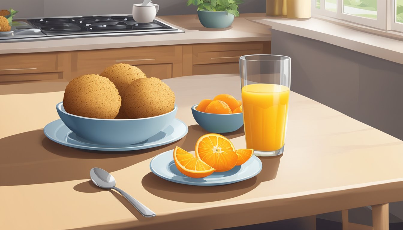 A kitchen table set with a plate of millet breakfast muffins, a bowl of fresh fruit, and a glass of orange juice