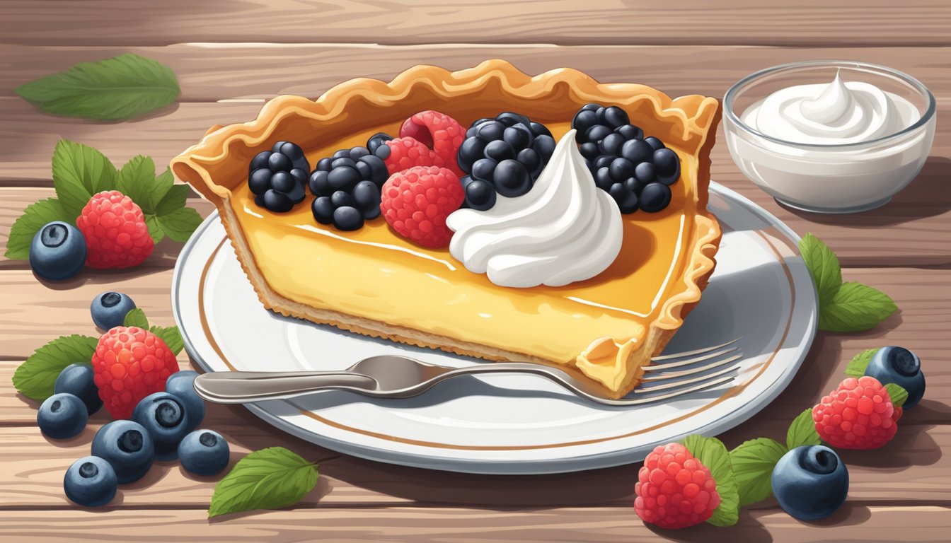 A slice of buttermilk chess pie sits on a rustic wooden table, surrounded by fresh berries and a dollop of whipped cream