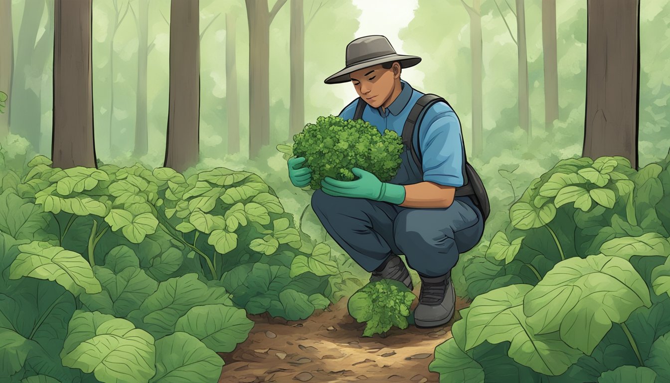 A person wearing gloves gathers poke sallet greens in a wooded area, mindful of potential health risks