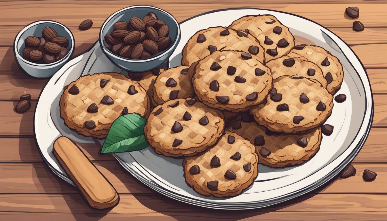 A plate of vegan florentine cookies surrounded by ingredients like almond slices, coconut flakes, and dairy-free chocolate chips on a wooden cutting board