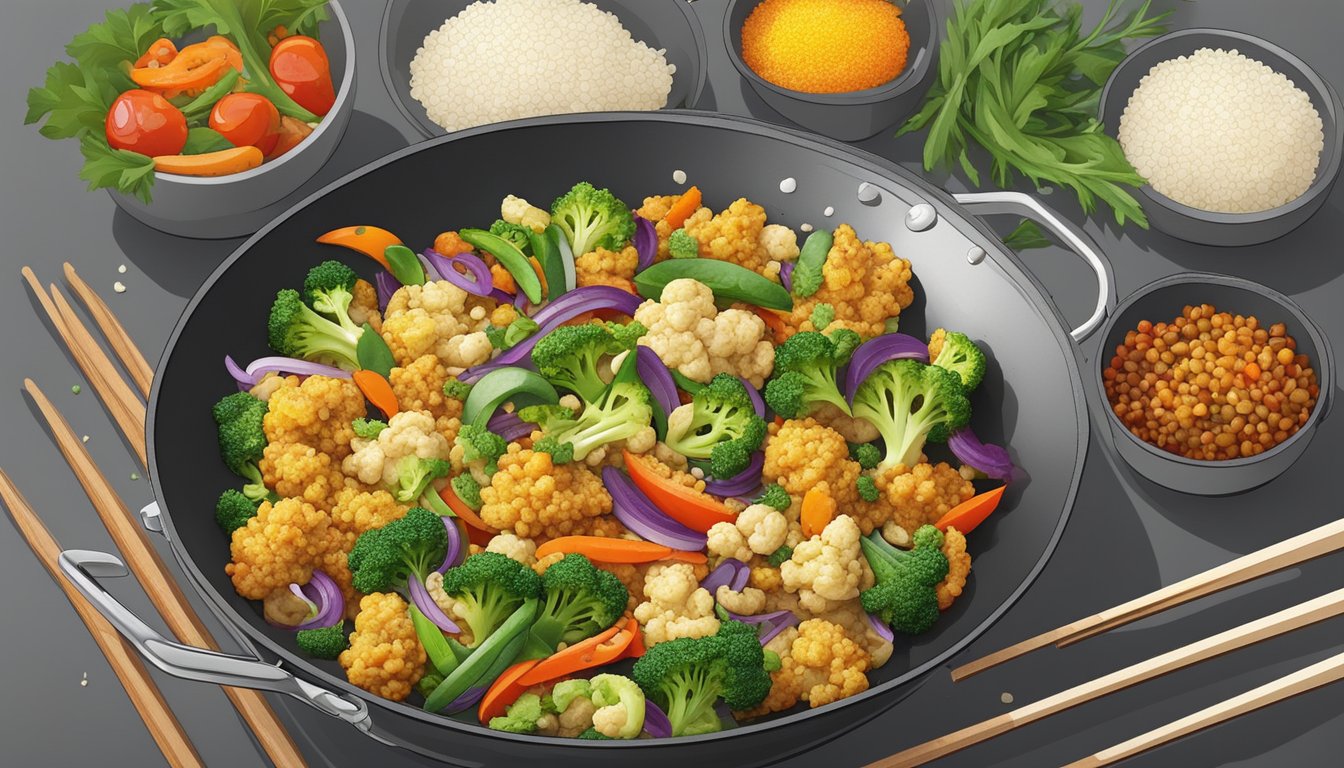 A colorful stir-fry sizzling in a wok, filled with cauliflower rice, vibrant vegetables, and savory seasonings, ready to be served as a diabetes-friendly lunch in the UK