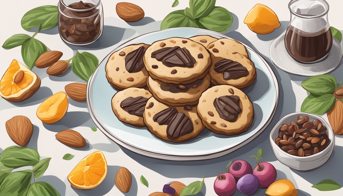 A plate of vegan florentine cookies surrounded by fresh ingredients like almonds, dried fruits, and dark chocolate