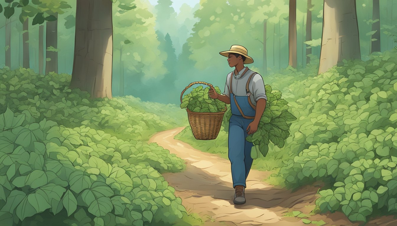 A person foraging for pokeweed leaves in a forest clearing, with a basket of harvested greens nearby