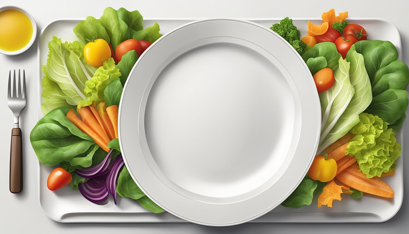 A colorful array of fresh lettuce leaves, sliced turkey, and assorted vegetables arranged on a clean, white plate