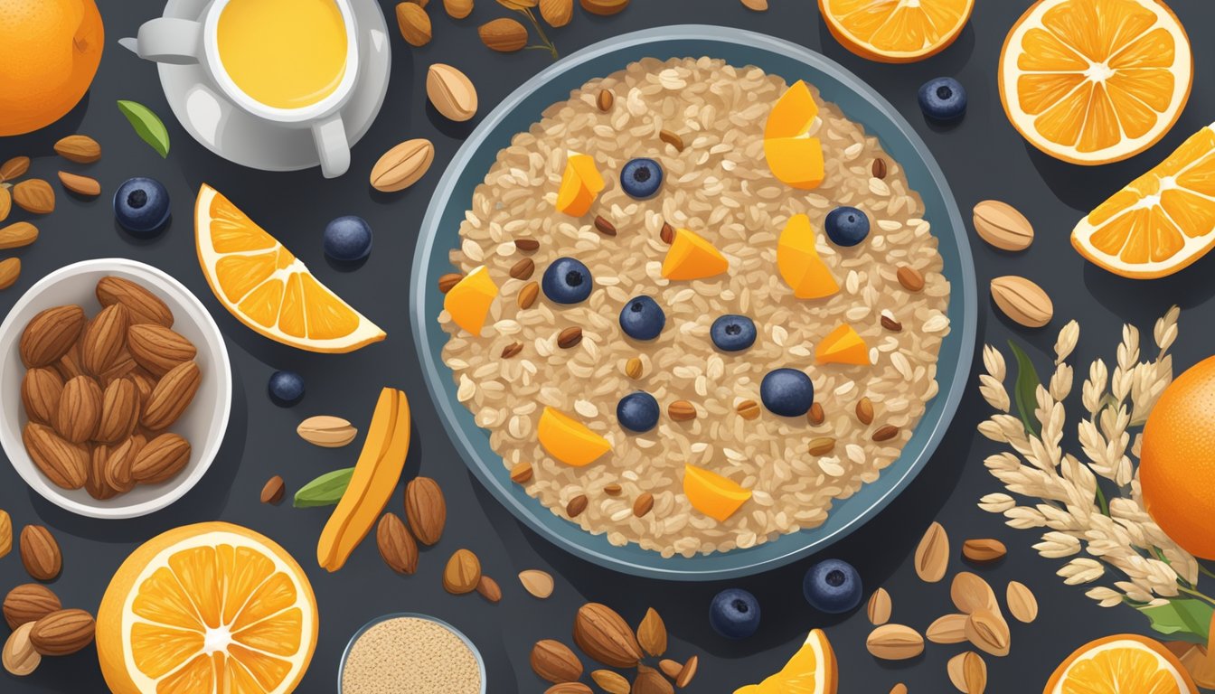 A colorful array of whole grains, fruits, and nuts spread out on a breakfast table, with a steaming bowl of oatmeal and a glass of fresh orange juice