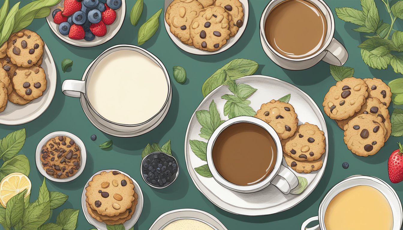 A plate of vegan florentine cookies next to a variety of plant-based milk options, fresh fruit, and a selection of herbal teas