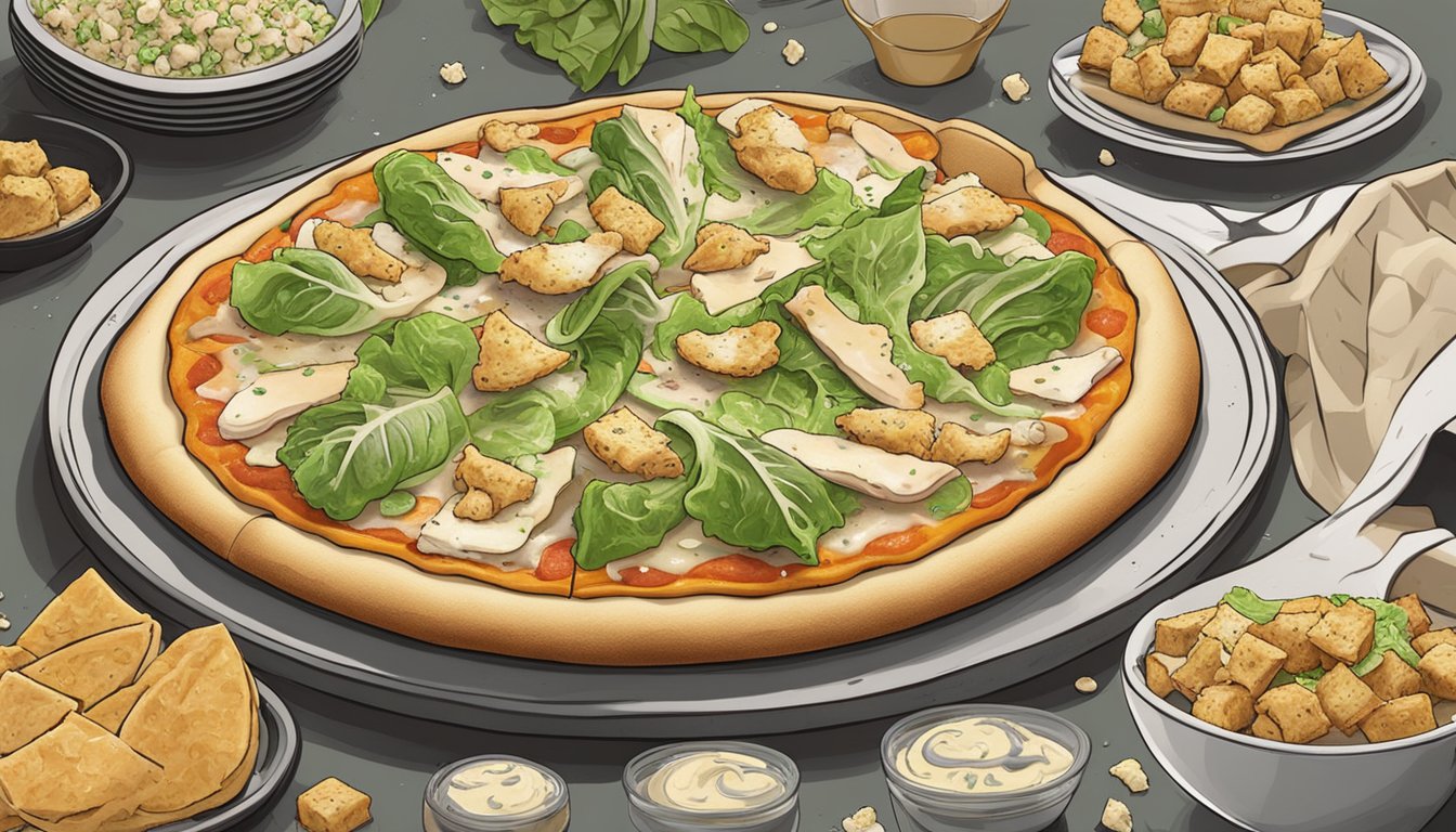 A pizza topped with chicken, romaine lettuce, and Caesar dressing, with a sprinkling of parmesan cheese and croutons