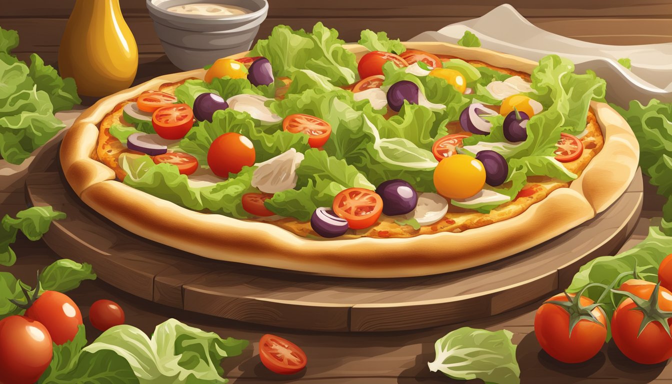 A rustic wooden table with a freshly baked chicken caesar pizza, surrounded by vibrant green lettuce and colorful cherry tomatoes