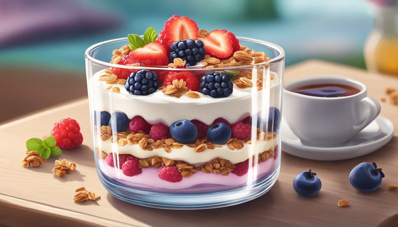 A glass parfait dish filled with layers of creamy Greek yogurt and vibrant mixed berries, topped with a sprinkle of granola and a drizzle of honey