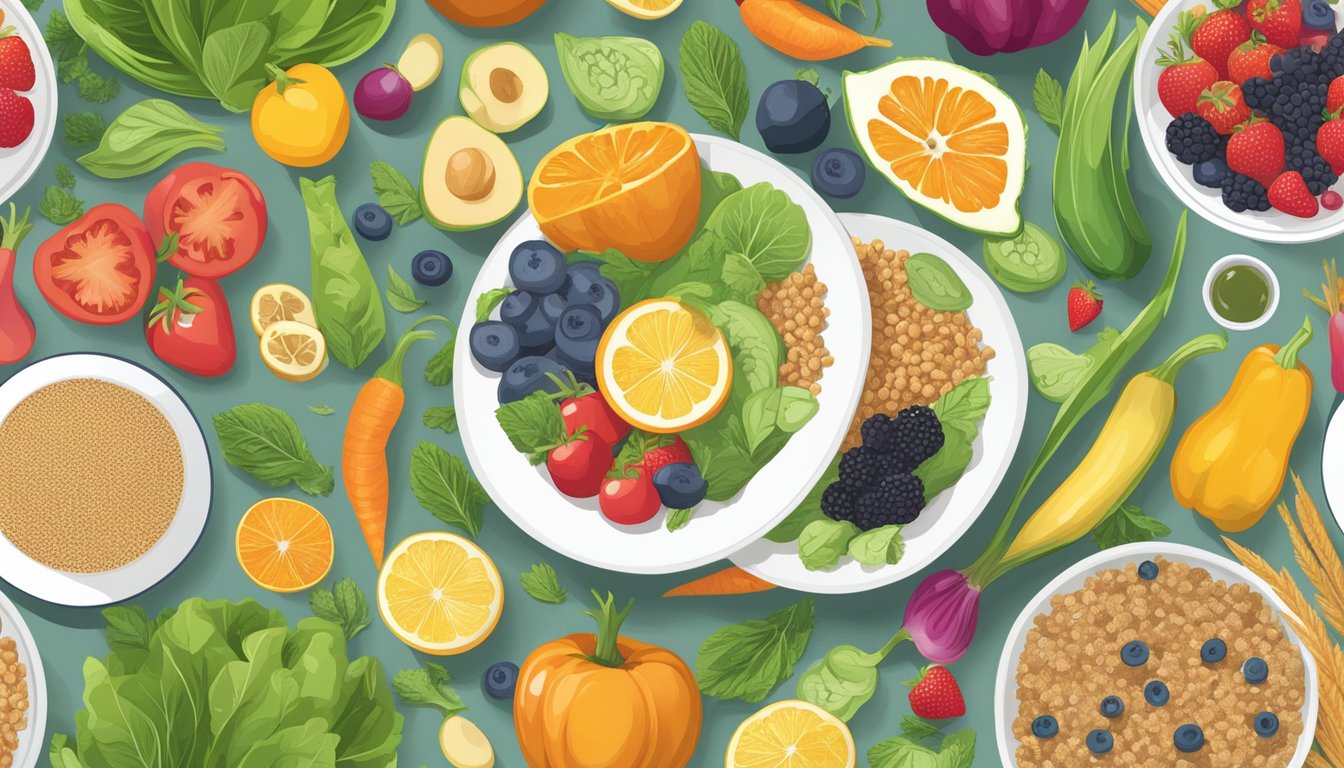 A colorful array of fresh vegetables, lean protein, whole grains, and low-sugar fruits arranged on a plate, with a side of unsweetened herbal tea