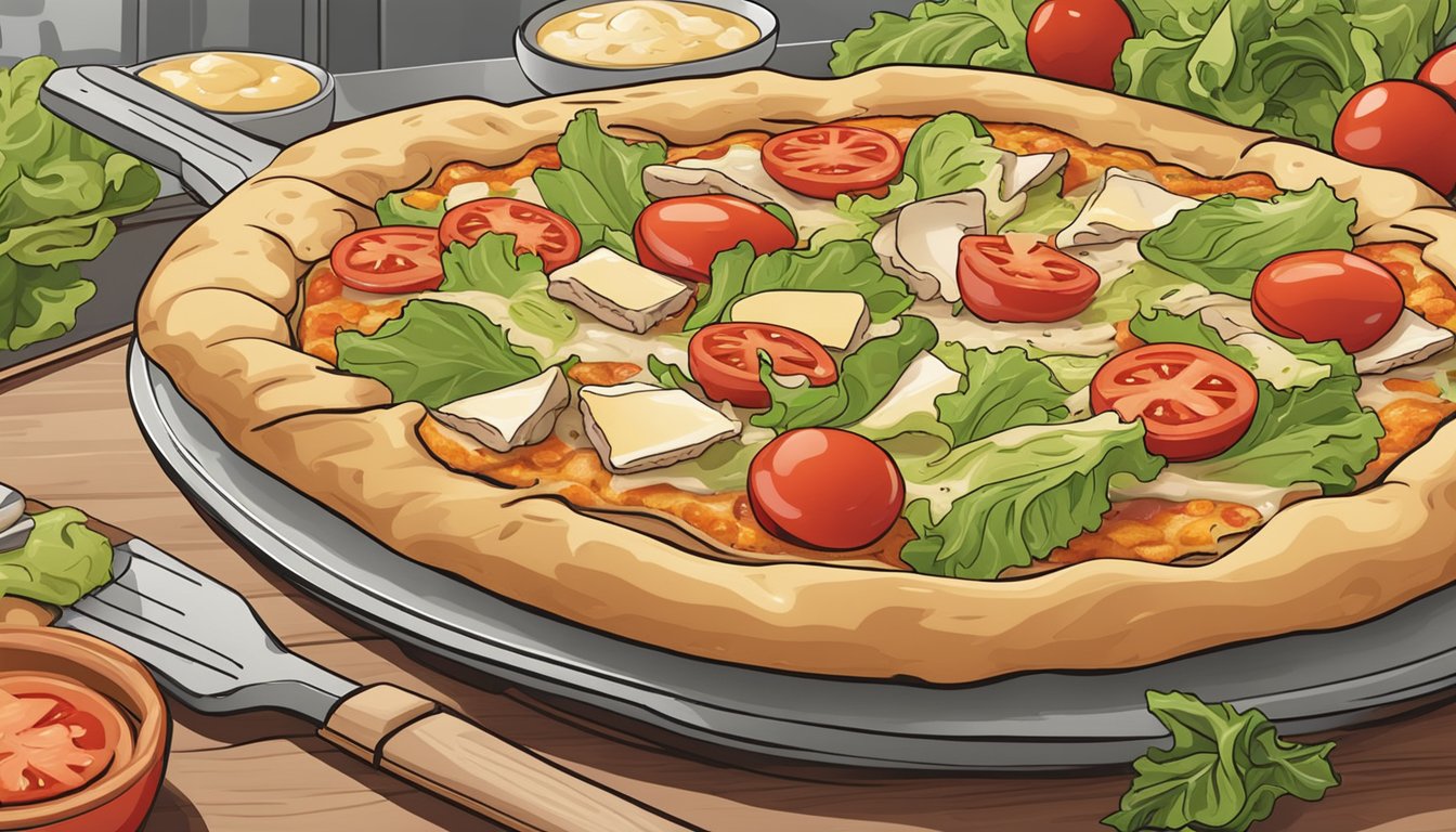 A sizzling chicken caesar pizza is being pulled out of the oven, with melted cheese, grilled chicken, and fresh lettuce and tomatoes on top