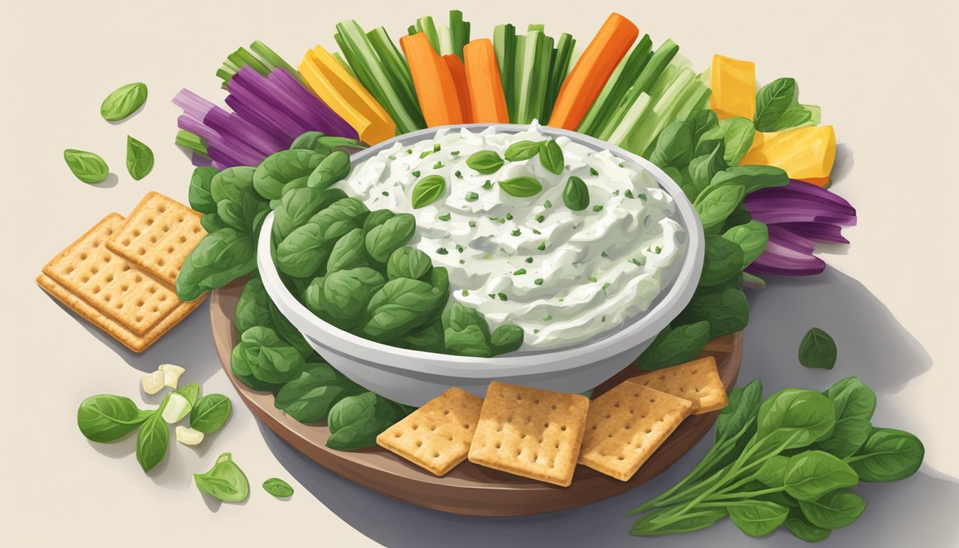 A bowl of savory spinach and feta Greek yogurt dip surrounded by colorful vegetables and crackers, with a spoonful being lifted out for a taste