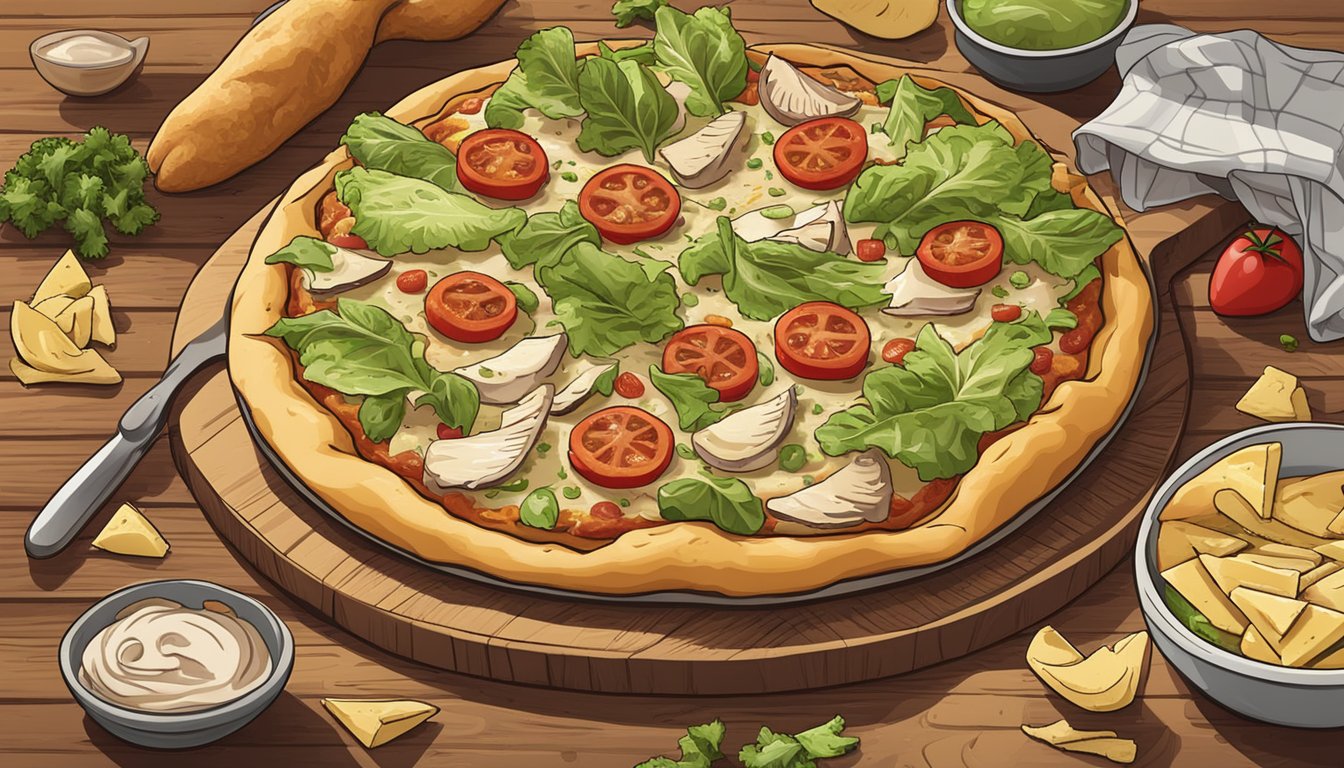 A chicken caesar pizza with various crust options laid out on a wooden table with fresh ingredients scattered around