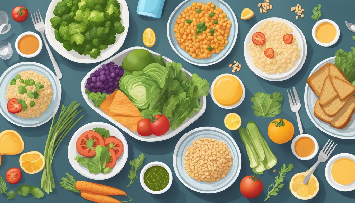 A colorful spread of diabetes-friendly lunch options, including fresh vegetables, lean proteins, and whole grains, arranged on a stylish table setting