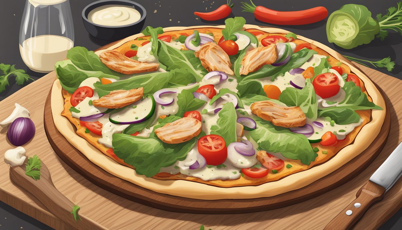 A pizza topped with vegan chicken, dairy-free caesar dressing, and fresh vegetables on a wooden cutting board