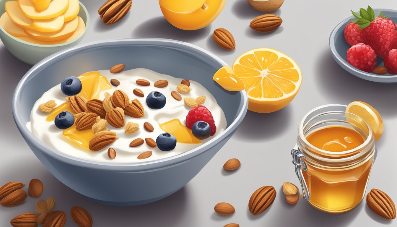 A bowl of Greek yogurt topped with a drizzle of honey, surrounded by fresh fruits, nuts, and granola for a diabetic-friendly breakfast or snack