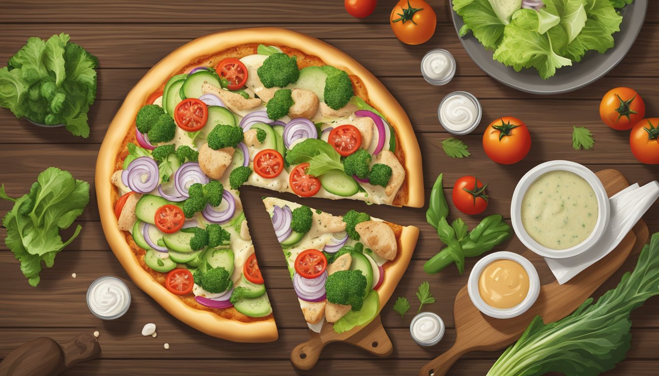 A pizza topped with vegan chicken, dairy-free caesar dressing, and fresh vegetables on a rustic wooden table