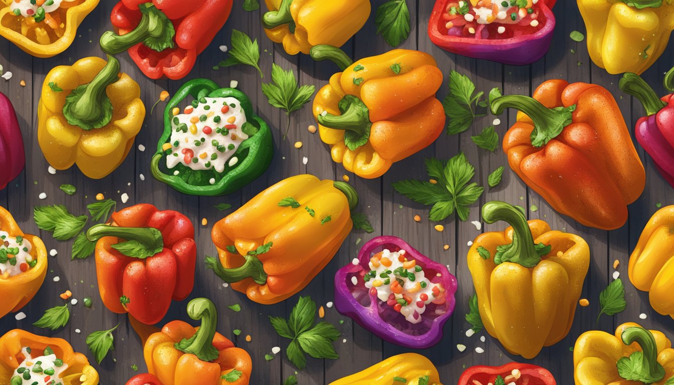 A colorful array of grilled bell peppers with sprinkles of fresh herbs on a rustic wooden table