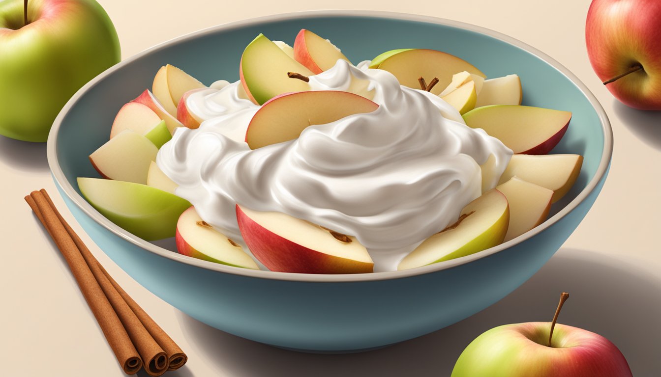 A bowl filled with sliced apples, sprinkled with cinnamon, and topped with creamy Greek yogurt