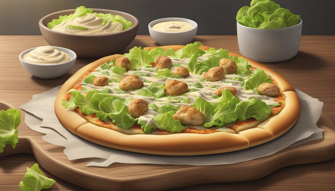 A wooden table with a round chicken caesar pizza on a rustic serving board, garnished with fresh lettuce and drizzled with vegan caesar dressing