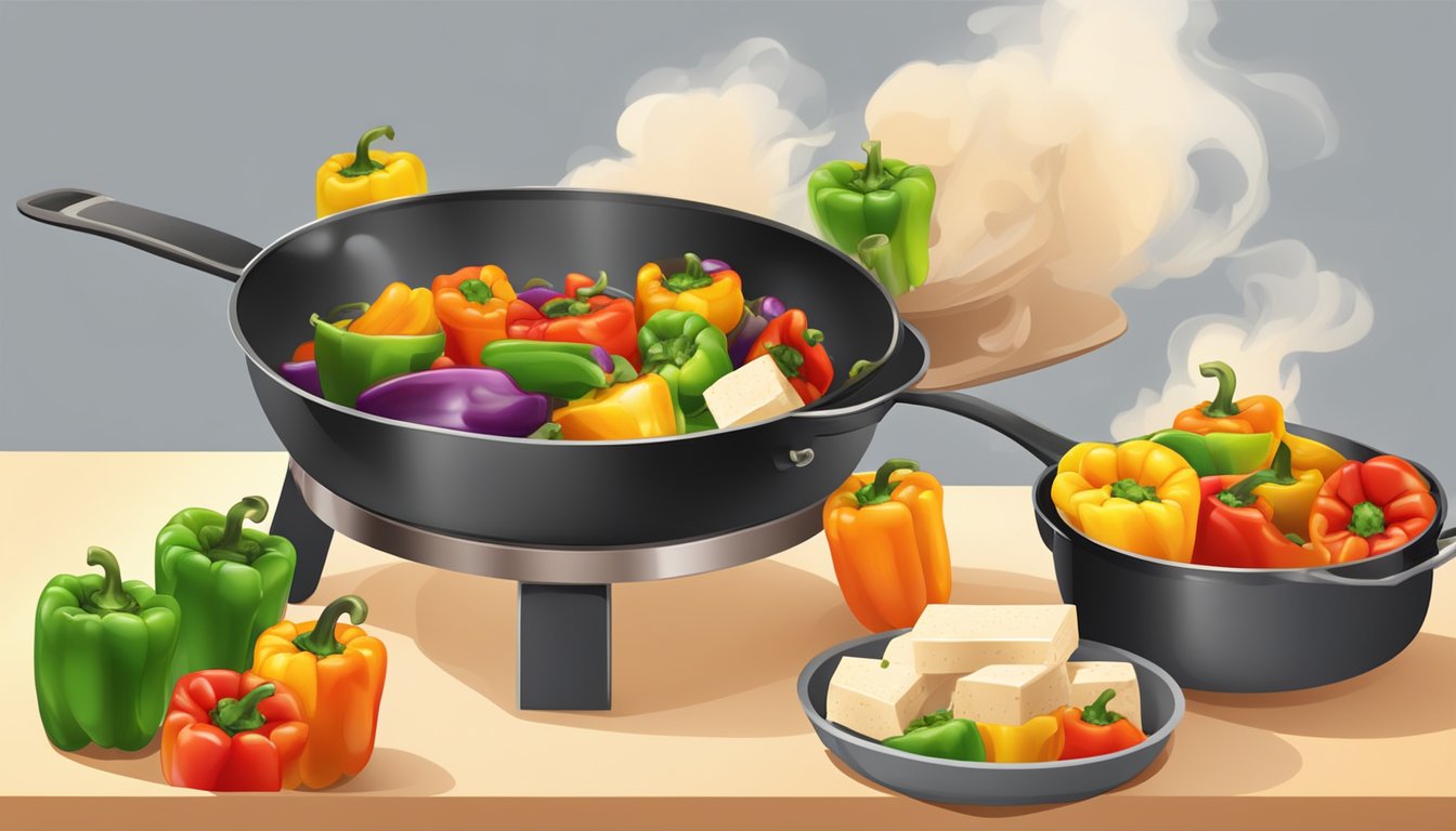 A sizzling pan with colorful bell peppers and tofu cooking together, emitting delicious aromas