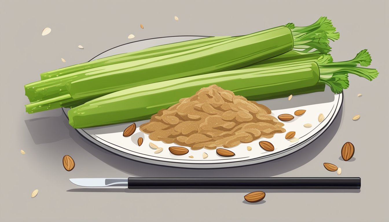 A plate of celery sticks topped with almond butter, surrounded by a scattering of almond nuts and a blood sugar monitor