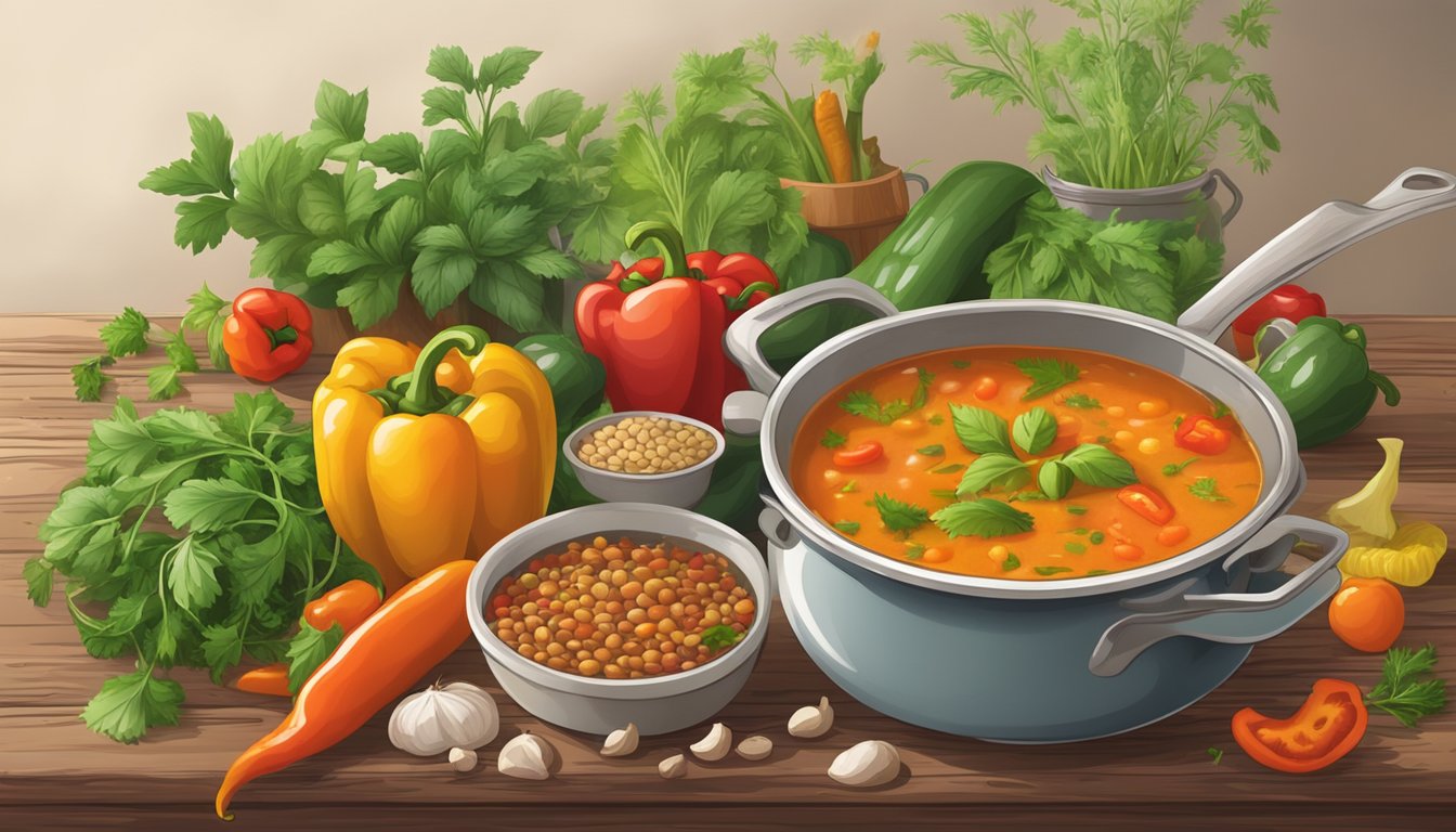 A steaming pot of bell pepper and lentil soup surrounded by fresh vegetables and herbs on a rustic wooden table