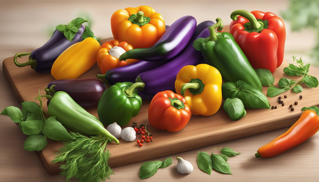 A colorful array of bell peppers and eggplants arranged on a cutting board, surrounded by fresh herbs and spices