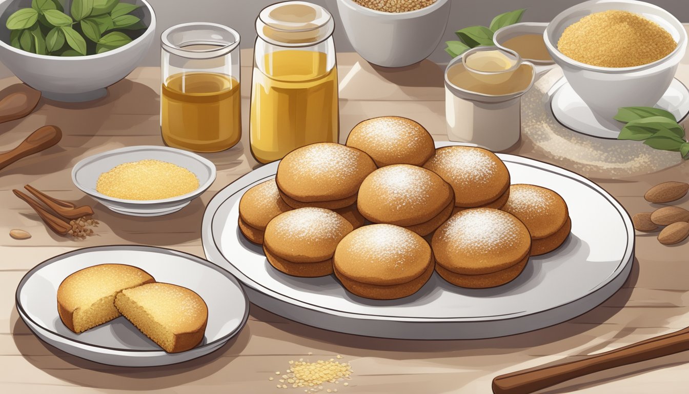 A kitchen counter with a plate of golden-brown Russian tea cakes surrounded by ingredients like almond flour, coconut oil, and flaxseed