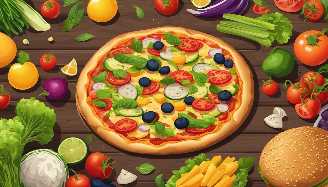 A colorful pizza and burger surrounded by fresh vegetables and fruits on a wooden table