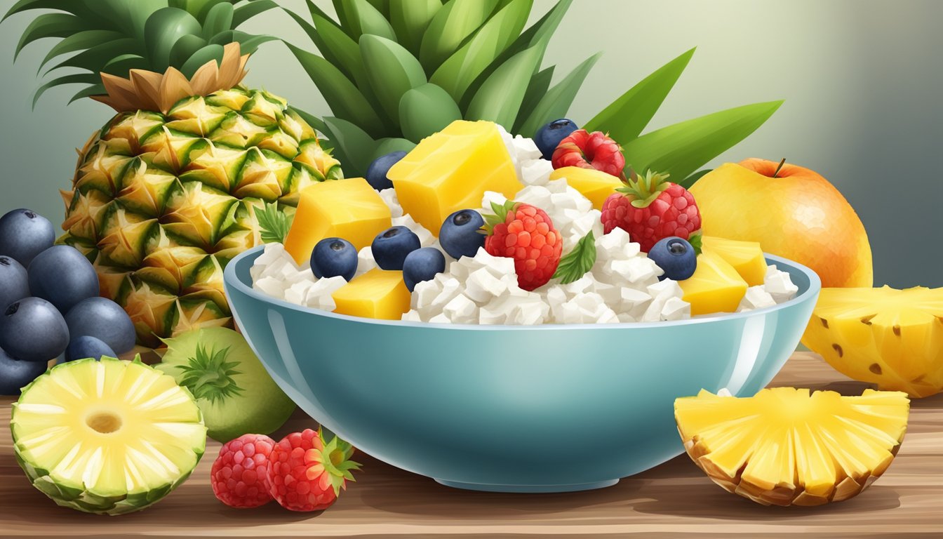 A bowl of cottage cheese topped with pineapple chunks, surrounded by a variety of colorful fruits and nuts on a wooden table