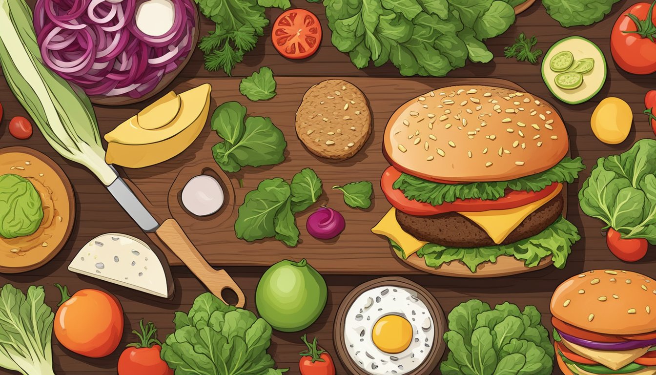 A colorful array of fresh vegetables, vegan cheese, and plant-based burger patties arranged on a wooden cutting board