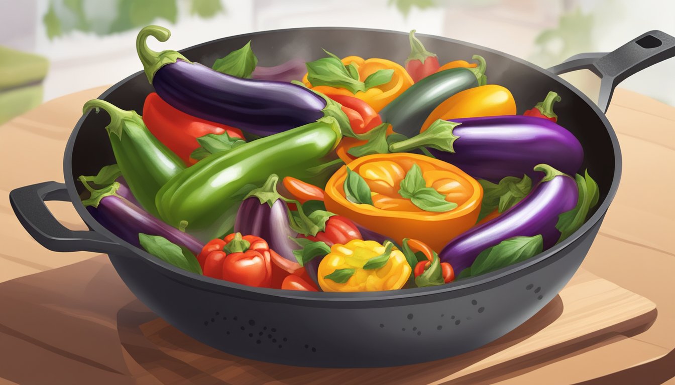 A colorful array of fresh eggplants, bell peppers, and vibrant spices sizzling in a wok, emitting a tantalizing aroma