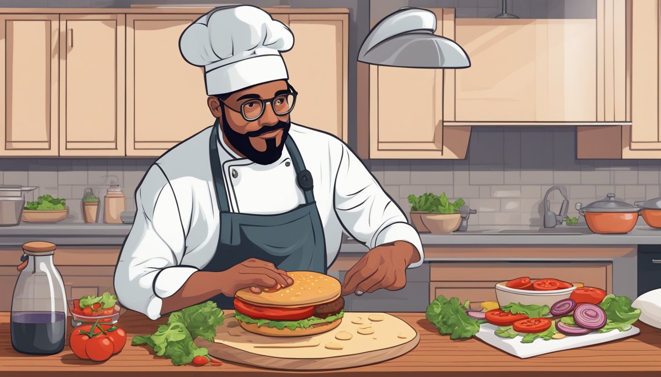 A chef assembles ingredients for pizza burgers on a wooden cutting board. Ingredients include vegan burger patties, pizza sauce, cheese, and various toppings