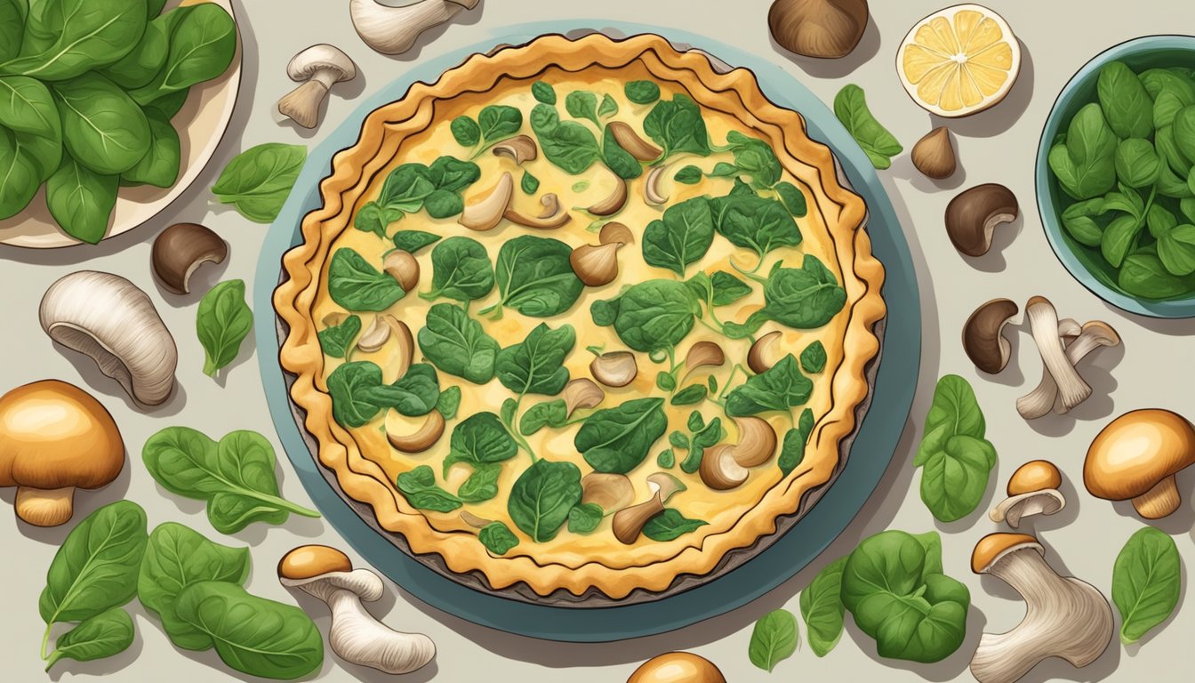 A golden-brown mushroom and spinach quiche surrounded by fresh, vibrant mushrooms, spinach leaves, and other diabetes-friendly ingredients