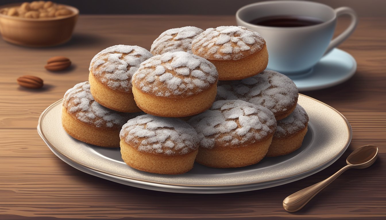 A plate of vegan Russian tea cakes, with a crumbly texture and a sweet, nutty flavor profile, sits on a rustic wooden table