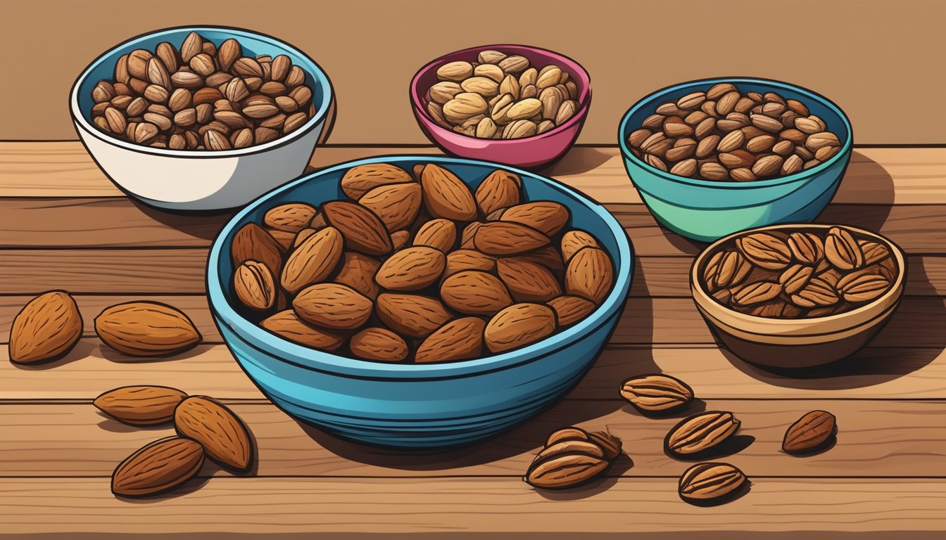 A variety of almonds, walnuts, and pecans arranged in a colorful bowl, with a few spilling out onto a wooden table