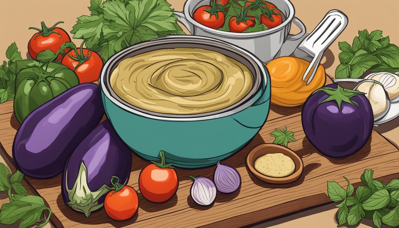 A colorful array of fresh eggplants, tomatoes, and herbs on a wooden cutting board, surrounded by various kitchen utensils and a bowl of homemade baba ganoush dip