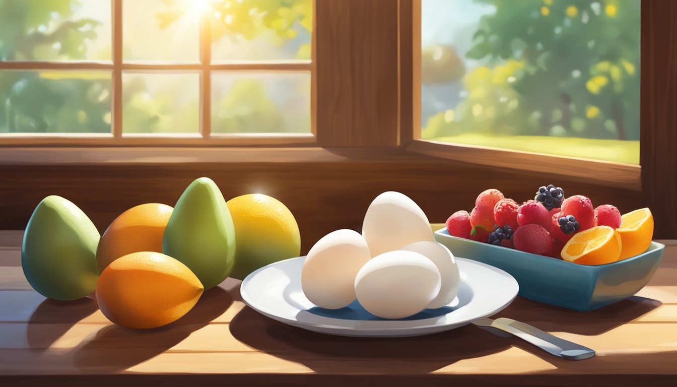 A plate of hard-boiled eggs sits on a wooden table next to a colorful assortment of fresh fruits. The sunlight streams through a nearby window, casting a warm glow on the scene