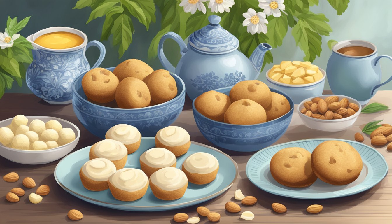 A table set with a plate of Russian tea cakes, surrounded by fresh ingredients like nuts, flour, and plant-based butter