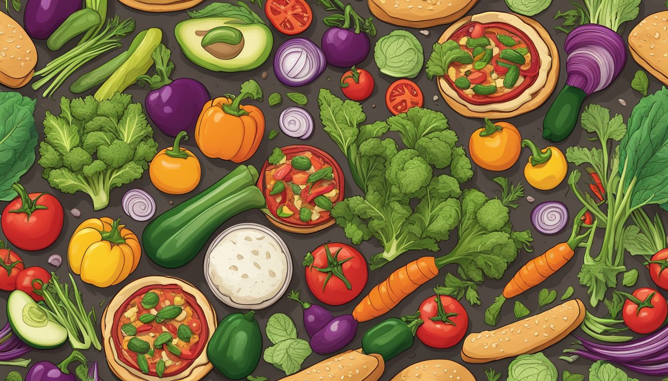 A colorful array of fresh vegetables and plant-based ingredients arranged around a vegan pizza burger, emphasizing healthy and dietary considerations