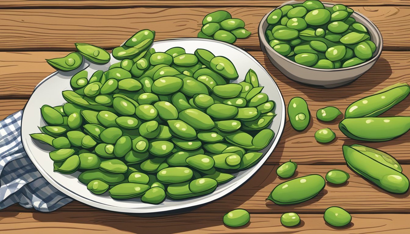 A bowl of edamame beans sits on a wooden table, surrounded by a few loose beans scattered around. The beans are still in their pods, with some slightly open to reveal the bright green beans inside