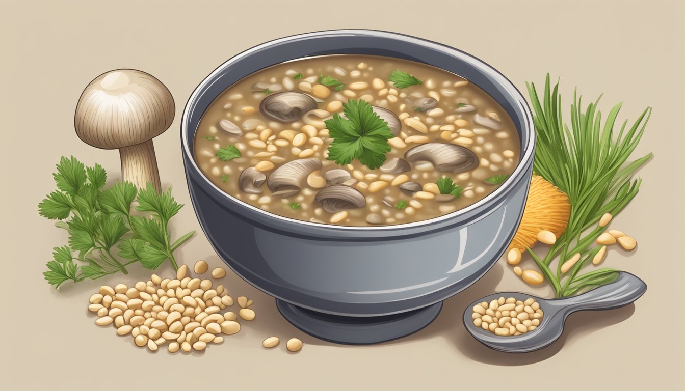 A steaming bowl of mushroom barley soup surrounded by fresh mushrooms, barley grains, and diabetes-friendly ingredients