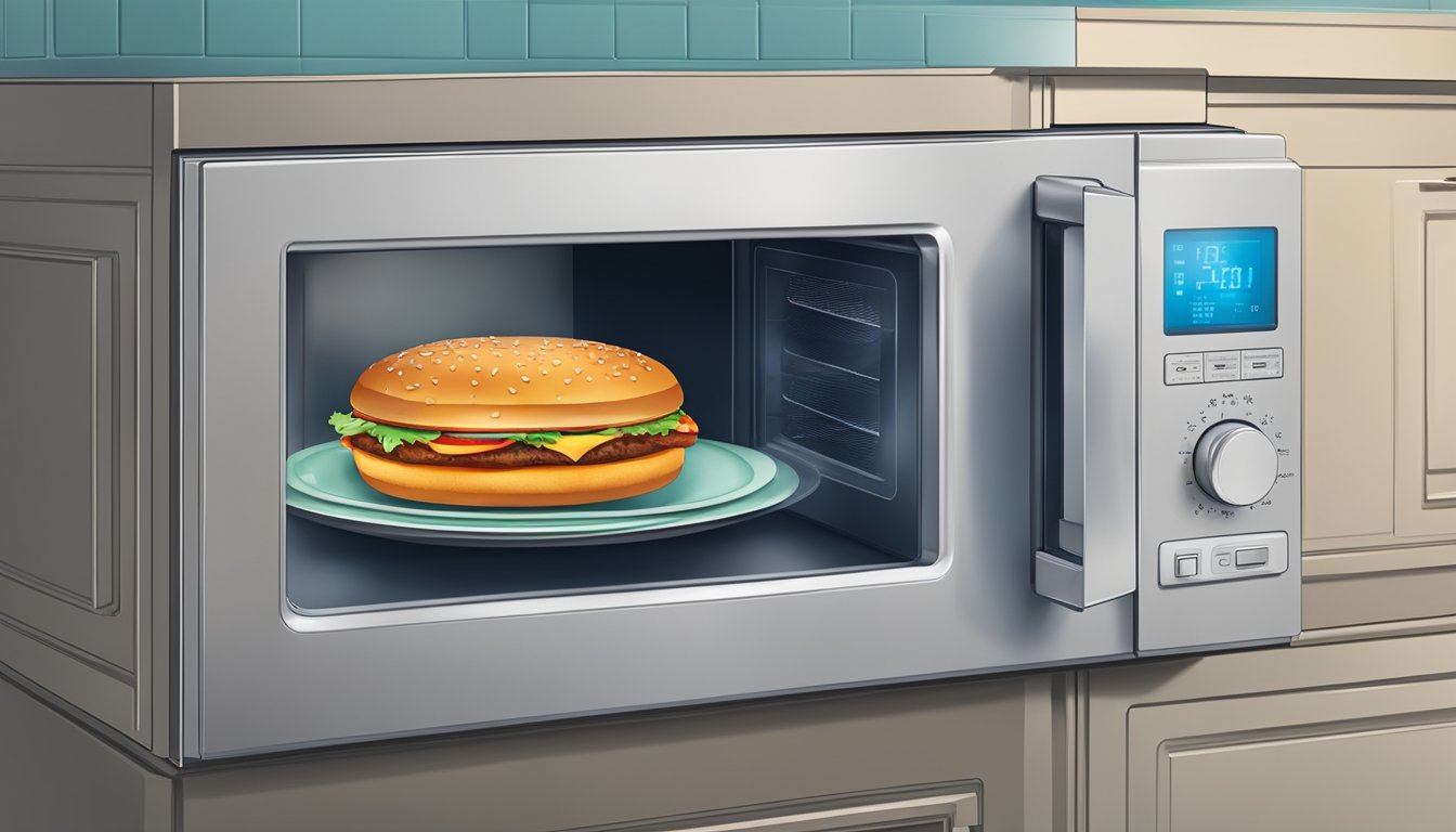 A microwave door open with a pizza burger on a plate inside, steam rising