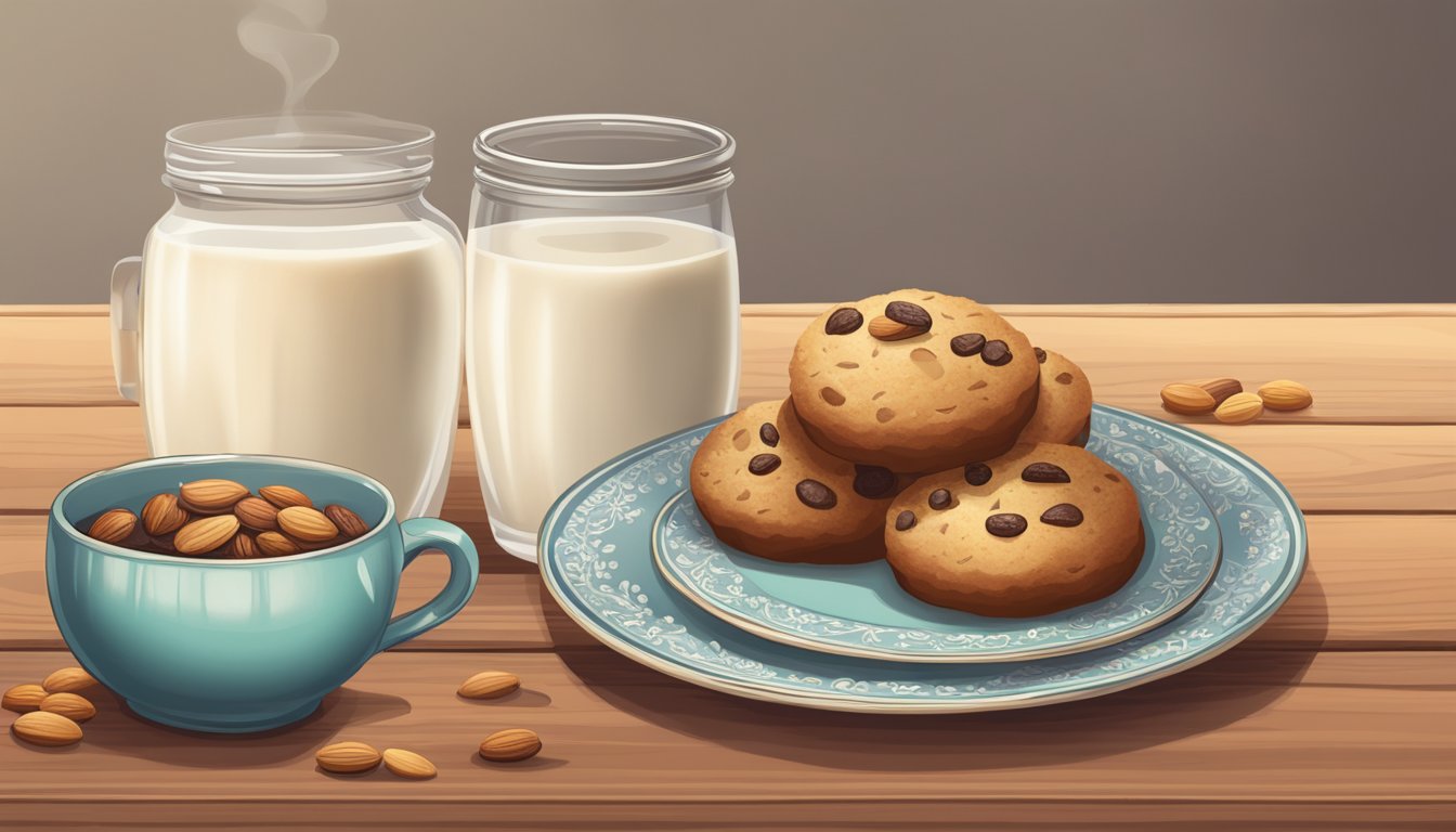 A plate of vegan Russian tea cakes displayed with a jar of almond milk and a decorative tea set on a wooden table