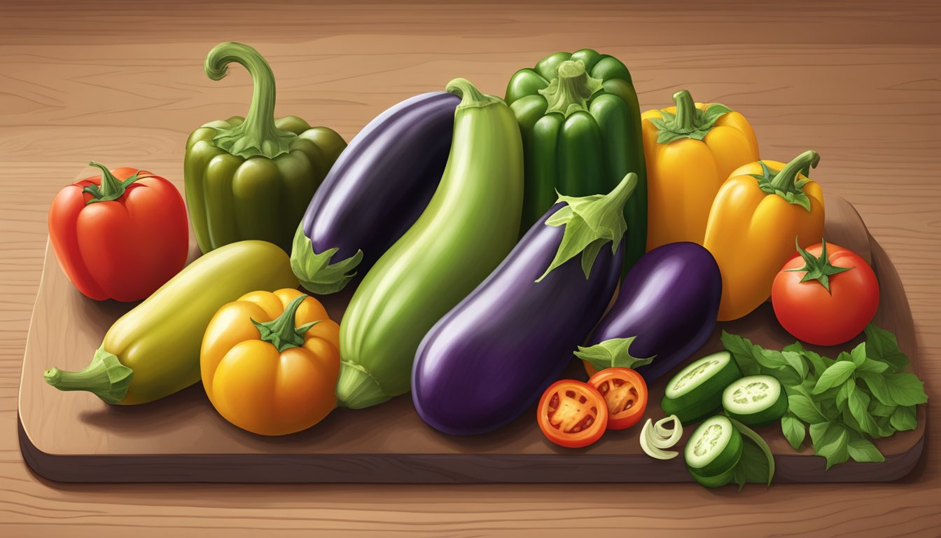 A colorful array of fresh eggplants, tomatoes, zucchinis, and bell peppers arranged on a cutting board, ready to be sliced and cooked into a delicious ratatouille