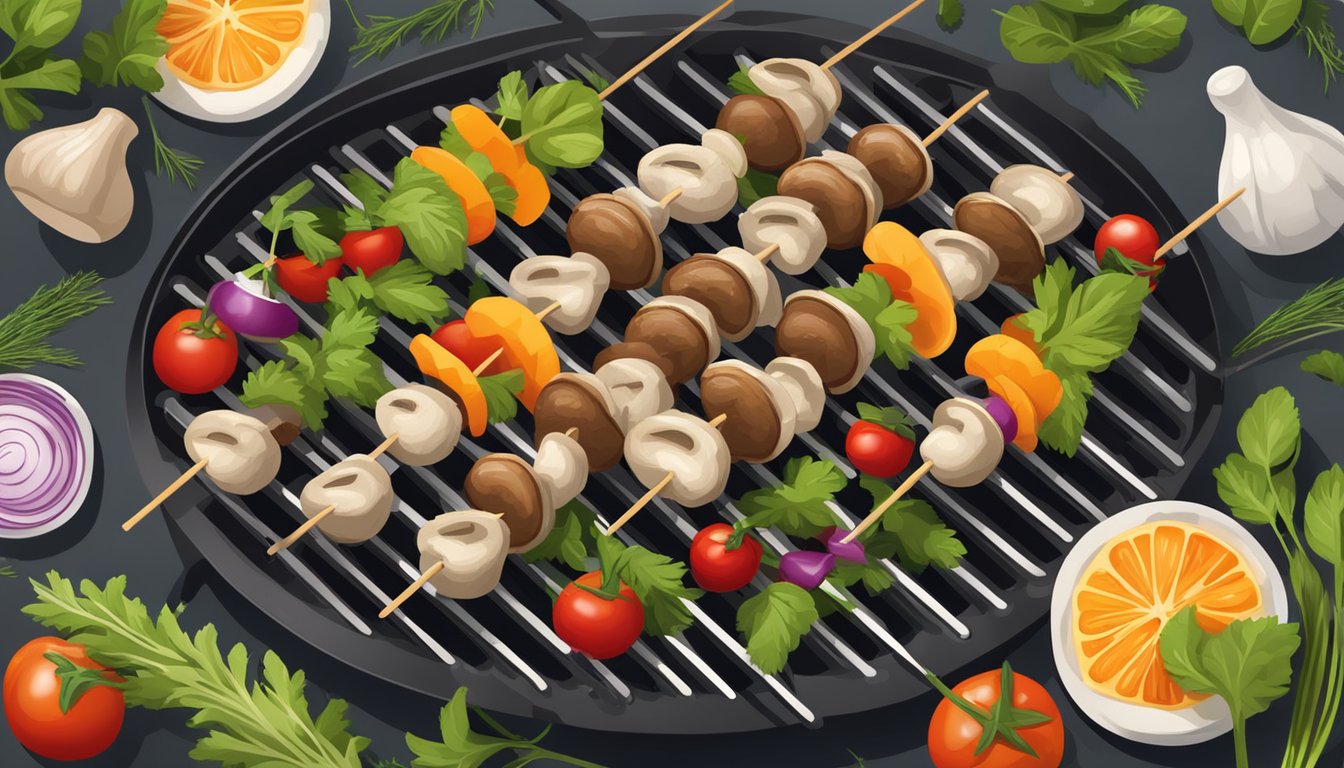 Mushroom skewers grilling on a barbecue, surrounded by fresh herbs and vegetables